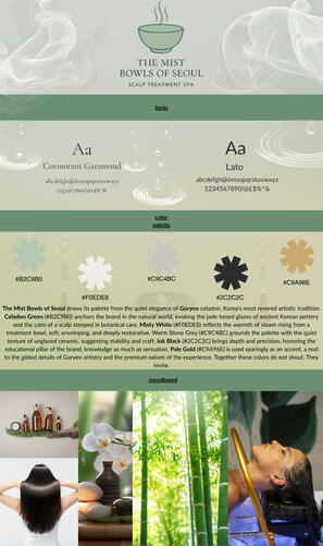 Brand identity for The Mist Bowls of Seoul, a Korean scalp care spa. Color strategy, typography, and visual direction rooted in Goryeo celadon aesthetics. Brand identity for The Mist Bowls of Seoul, a Korean scalp care spa. Color strategy, typography, and visual direction rooted in Goryeo celadon aesthetics.